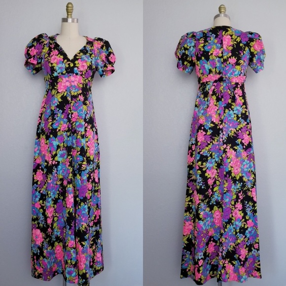 Vintage Dresses & Skirts - Vintage 70s floral neon maxi dress